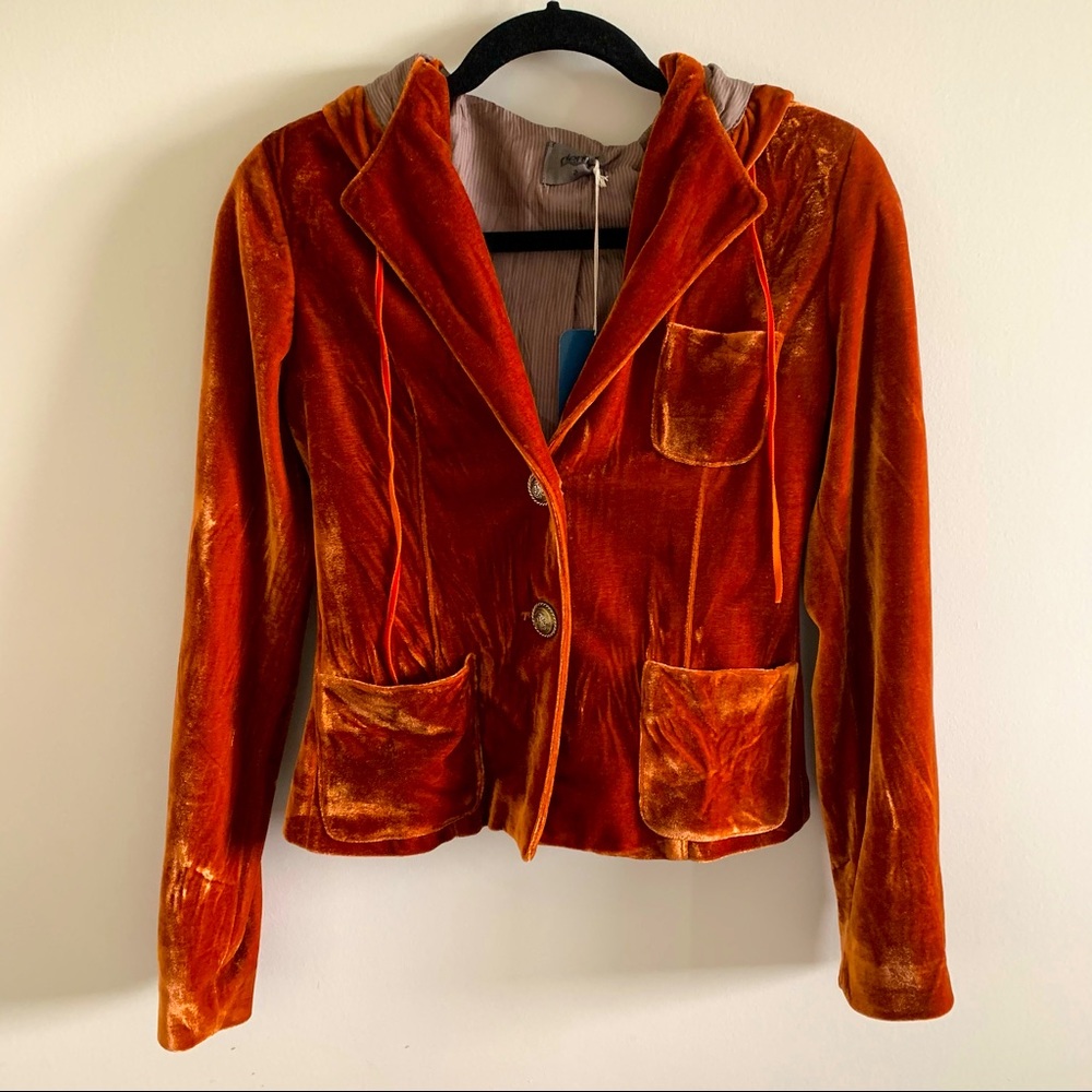 Hooded Orange Velvet Short Jacket/Blazer